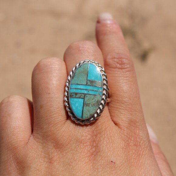 Navajo Sonoran and AZ Blue Turquoise Inlay Ring‎ Signed Handmade NA Sz 8.25US** - Picture 14 of 14